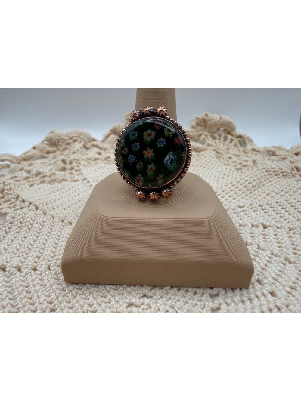 Artisan handcrafted Murano Glass Floral Millefiori Statement Ring Copper Adjust